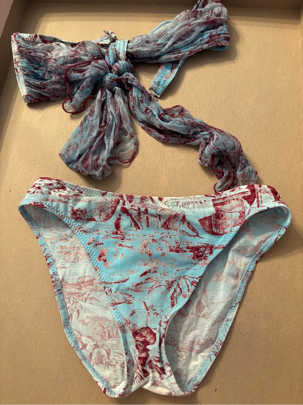 Blue & Burgundy Printed Bikini Set w cover up